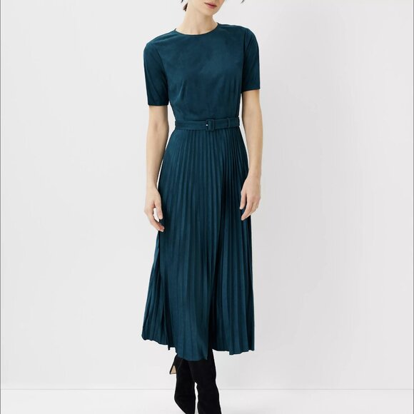Ann Taylor Faux Suede Pleated Midi Flare Dress - Teal, Size 8 - Picture 1 of 8